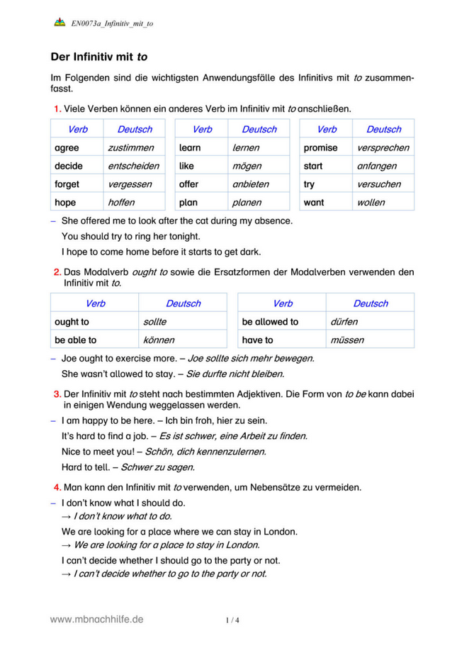 Englisch Arbeitsblatt: Infinitiv mit to – Regeln, Verben & indirekte Rede