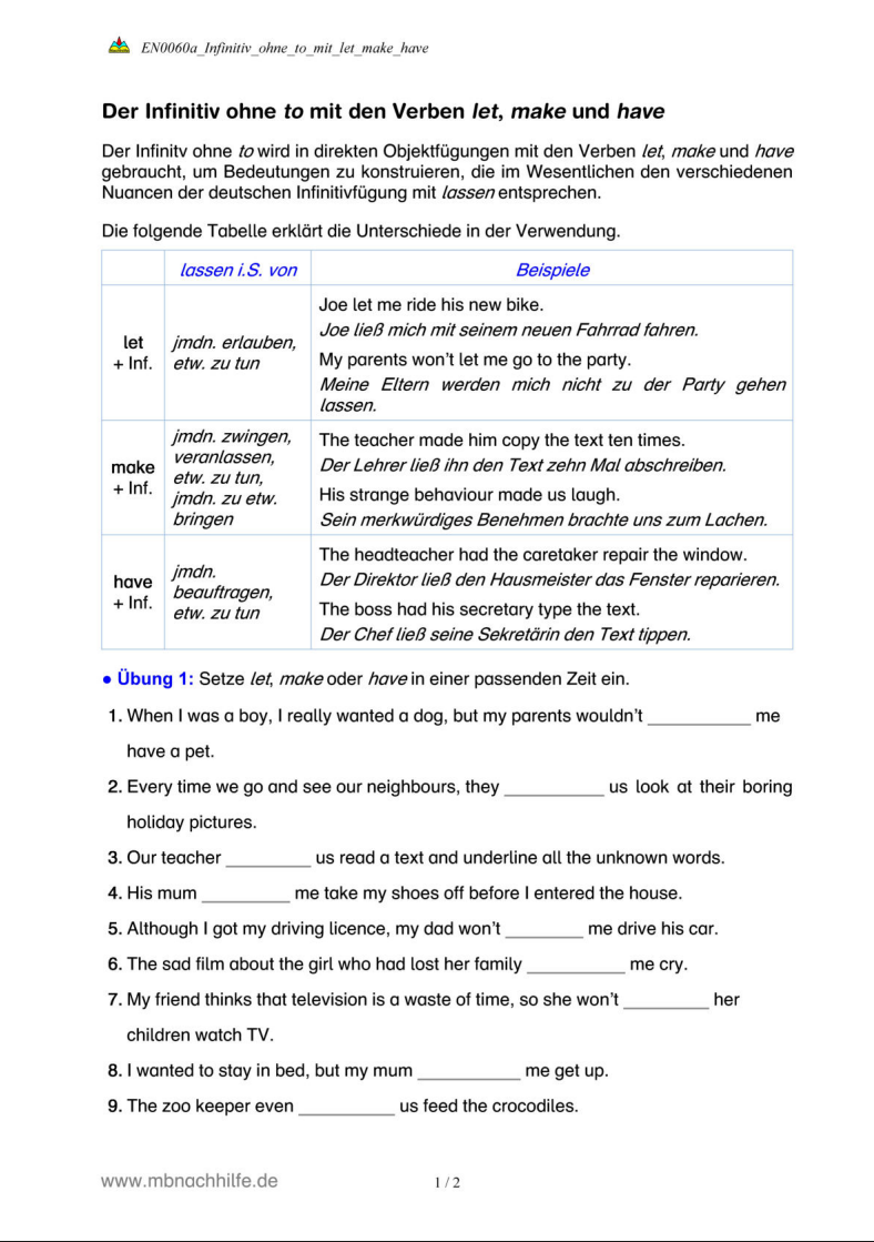 Englisch Arbeitsblatt: Infinitiv ohne to – let, make, have richtig anwenden