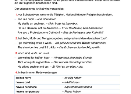 Englisch Arbeitsblatt: Unbestimmter Artikel a / an – Regeln & Übungen