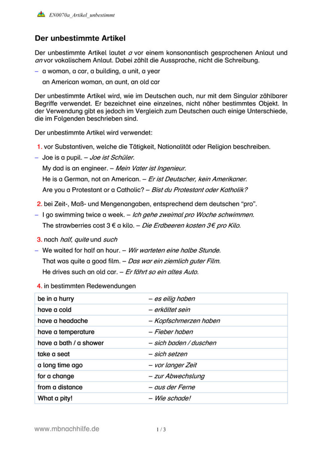 Englisch Arbeitsblatt: Unbestimmter Artikel a / an – Regeln & Übungen