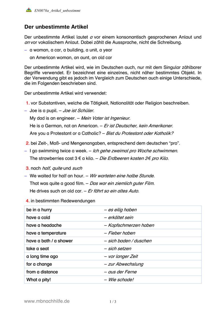 Englisch Arbeitsblatt: Unbestimmter Artikel a / an – Regeln & Übungen