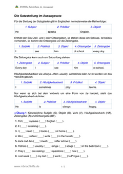 Englisch Arbeitsblatt: Satzstellung im Aussagesatz – Subjekt, Verb, Objekt & Angaben
