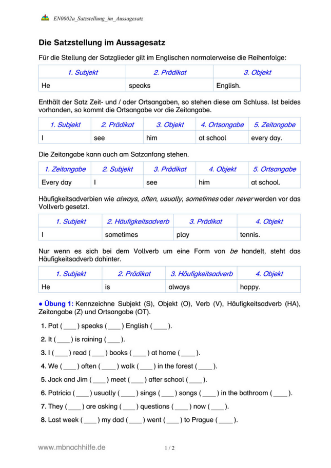 Englisch Arbeitsblatt: Satzstellung im Aussagesatz – Subjekt, Verb, Objekt & Angaben
