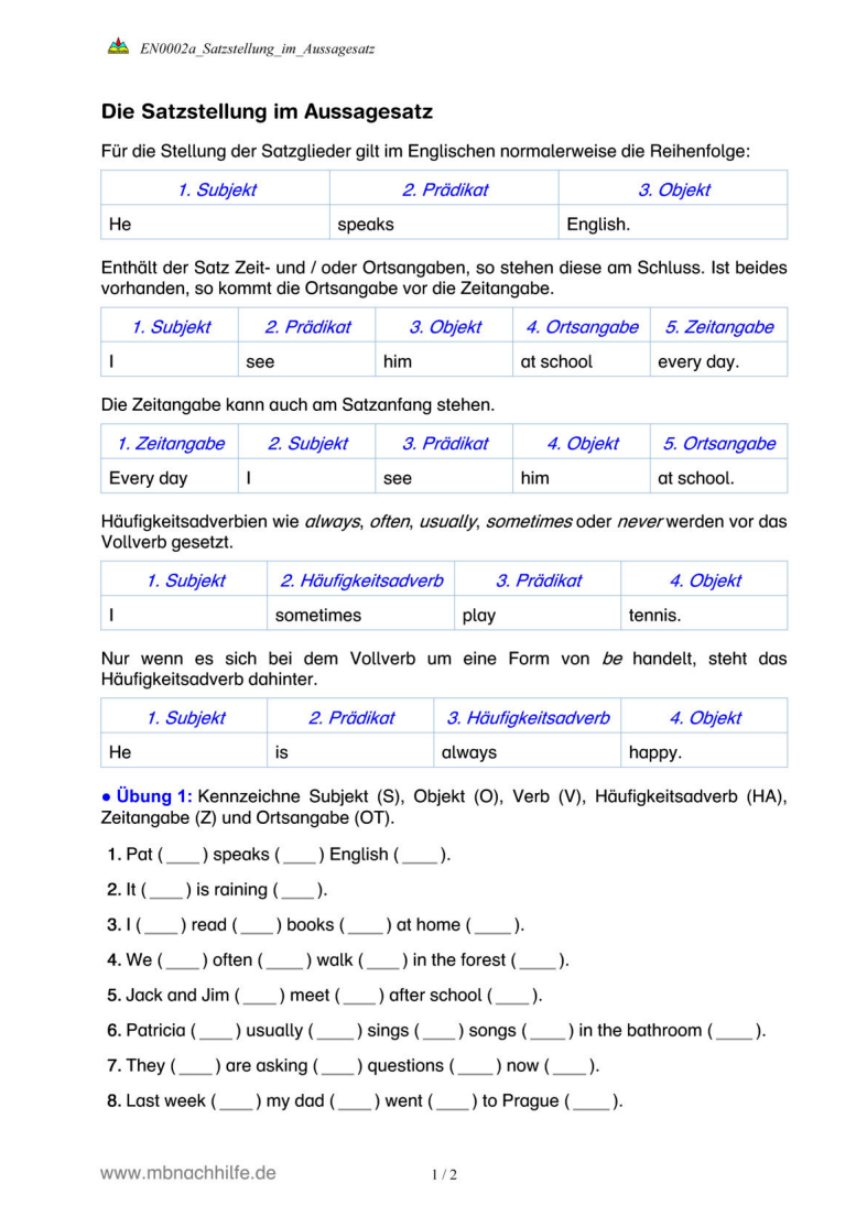 Englisch Arbeitsblatt: Satzstellung im Aussagesatz – Subjekt, Verb, Objekt & Angaben