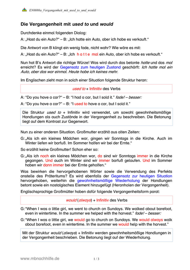 Englisch Arbeitsblatt: Vergangenheit mit used to & would – Gewohnheiten ausdrücken