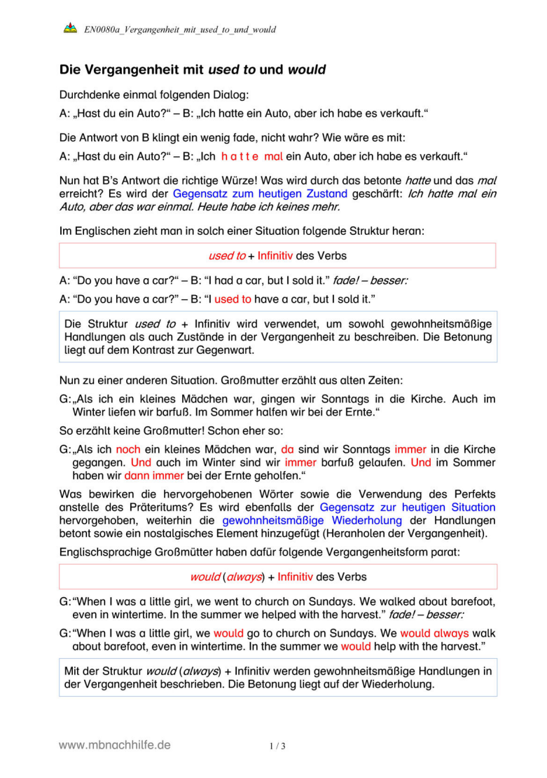 Englisch Arbeitsblatt: Vergangenheit mit used to & would – Gewohnheiten ausdrücken