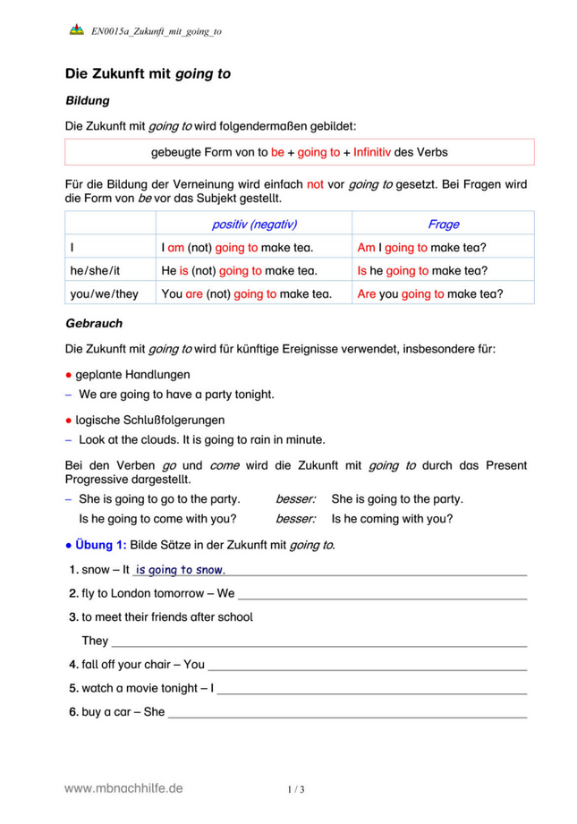 Englisch Arbeitsblatt: Zukunft mit going to – Bildung, Verneinung & Fragen