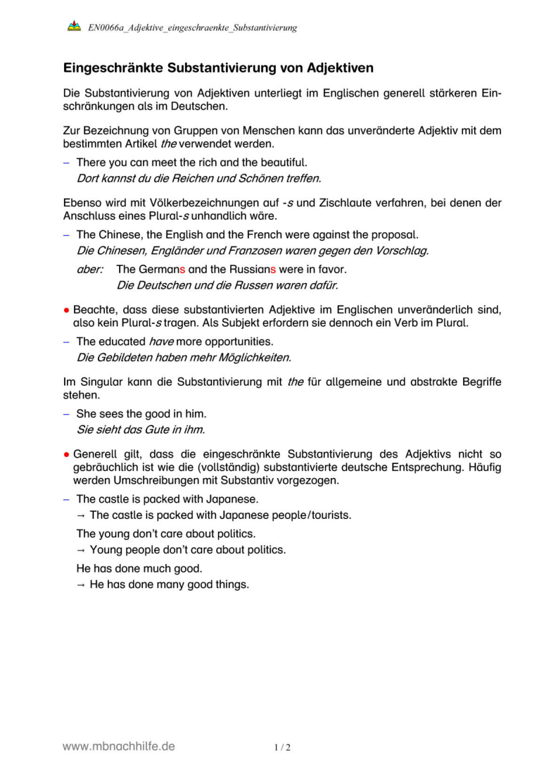 Englisch Arbeitsblatt: Substantivierung von Adjektiven – the rich, the poor & Co.