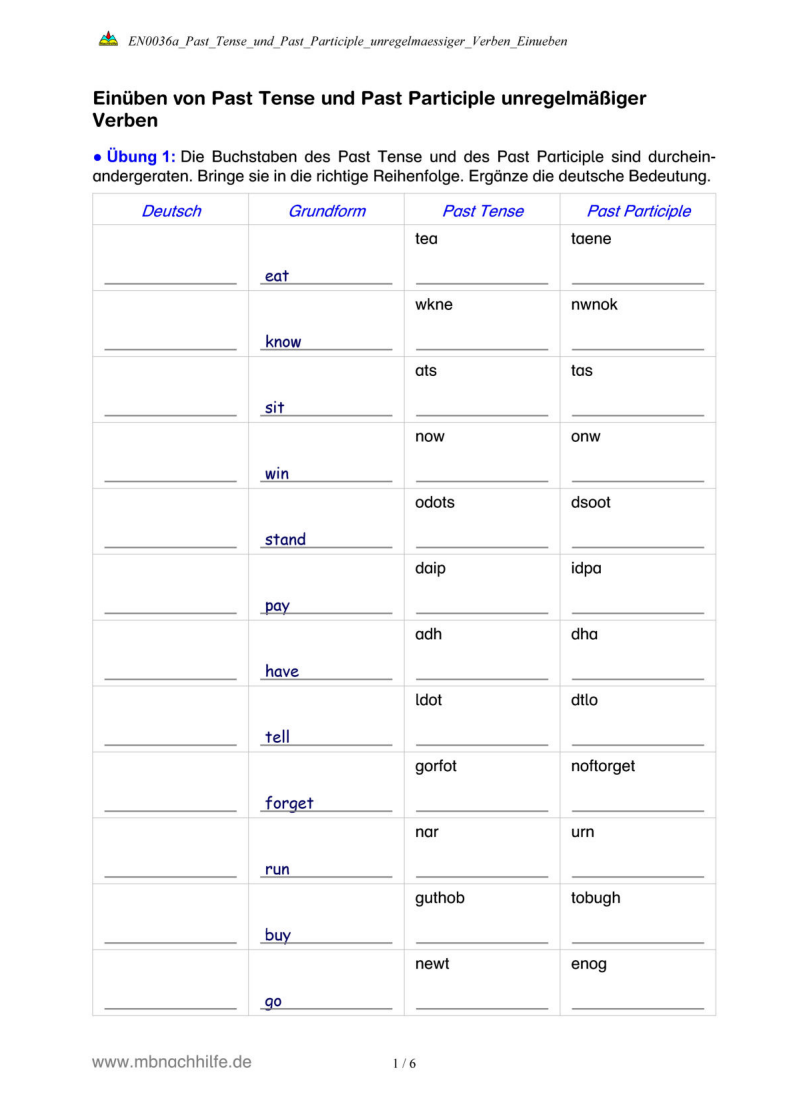 Englisch Arbeitsblatt: Unregelmäßige Verben – Past Tense & Past Participle üben