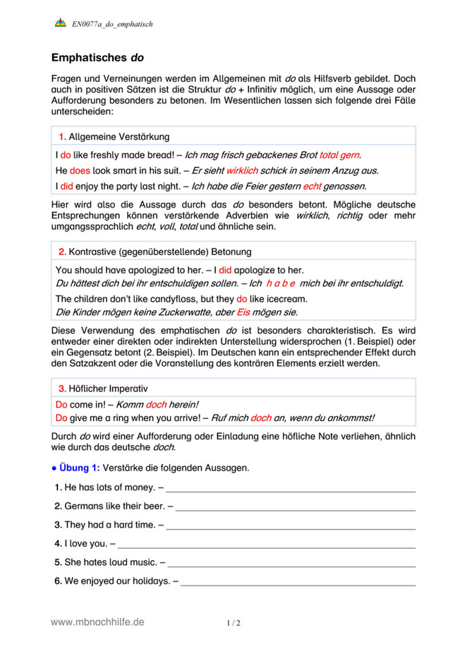 Englisch Arbeitsblatt: Emphatisches do – Betonung, Widerspruch & höfliche Bitten