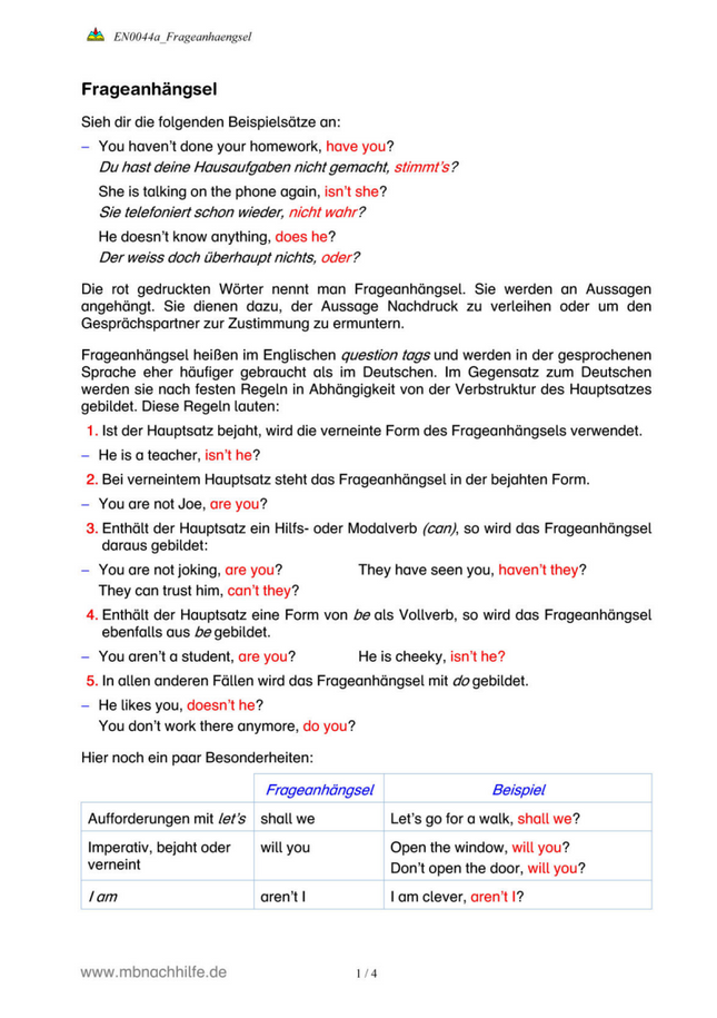 Englisch Arbeitsblatt: Frageanhängsel (question tags) – Bildung, Besonderheiten & Übungen
