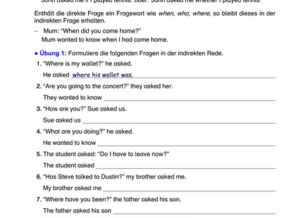 Englisch Arbeitsblatt: Indirekte Rede bei Fragen – Reported Questions