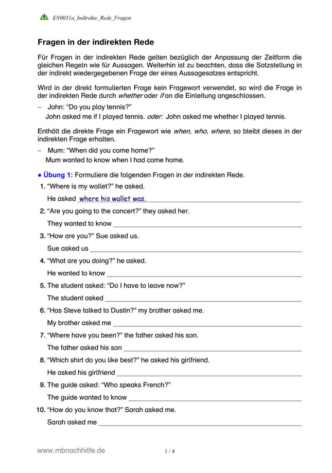 Englisch Arbeitsblatt: Indirekte Rede bei Fragen – Reported Questions