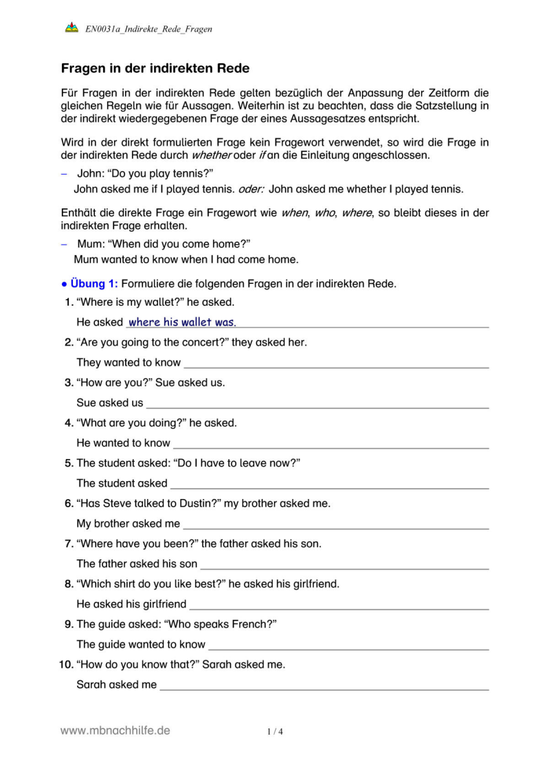 Englisch Arbeitsblatt: Indirekte Rede bei Fragen – Reported Questions