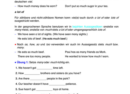 Englisch Arbeitsblatt: many, much & a lot of – Gebrauch & Unterschiede