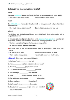 Englisch Arbeitsblatt: many, much & a lot of – Gebrauch & Unterschiede