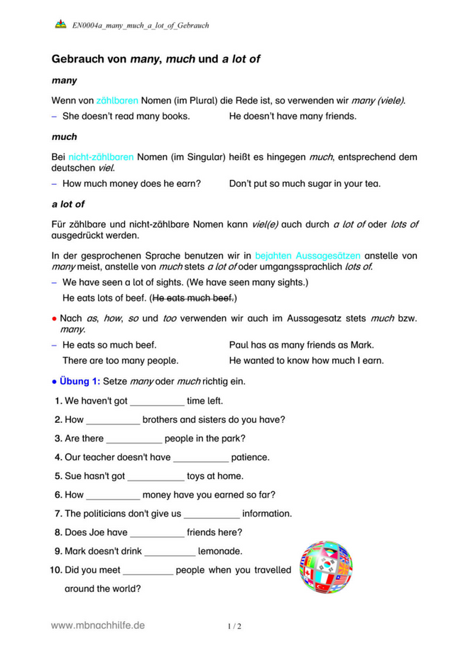 Englisch Arbeitsblatt: many, much & a lot of – Gebrauch & Unterschiede