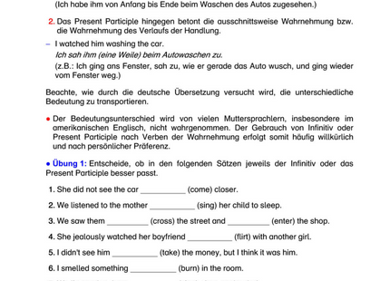 Englisch Arbeitsblatt: Infinitiv oder Present Participle nach Verben der Wahrnehmung