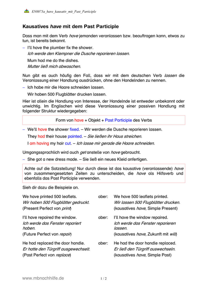 Englisch Arbeitsblatt: Kausatives have mit Past Participle – etwas machen lassen