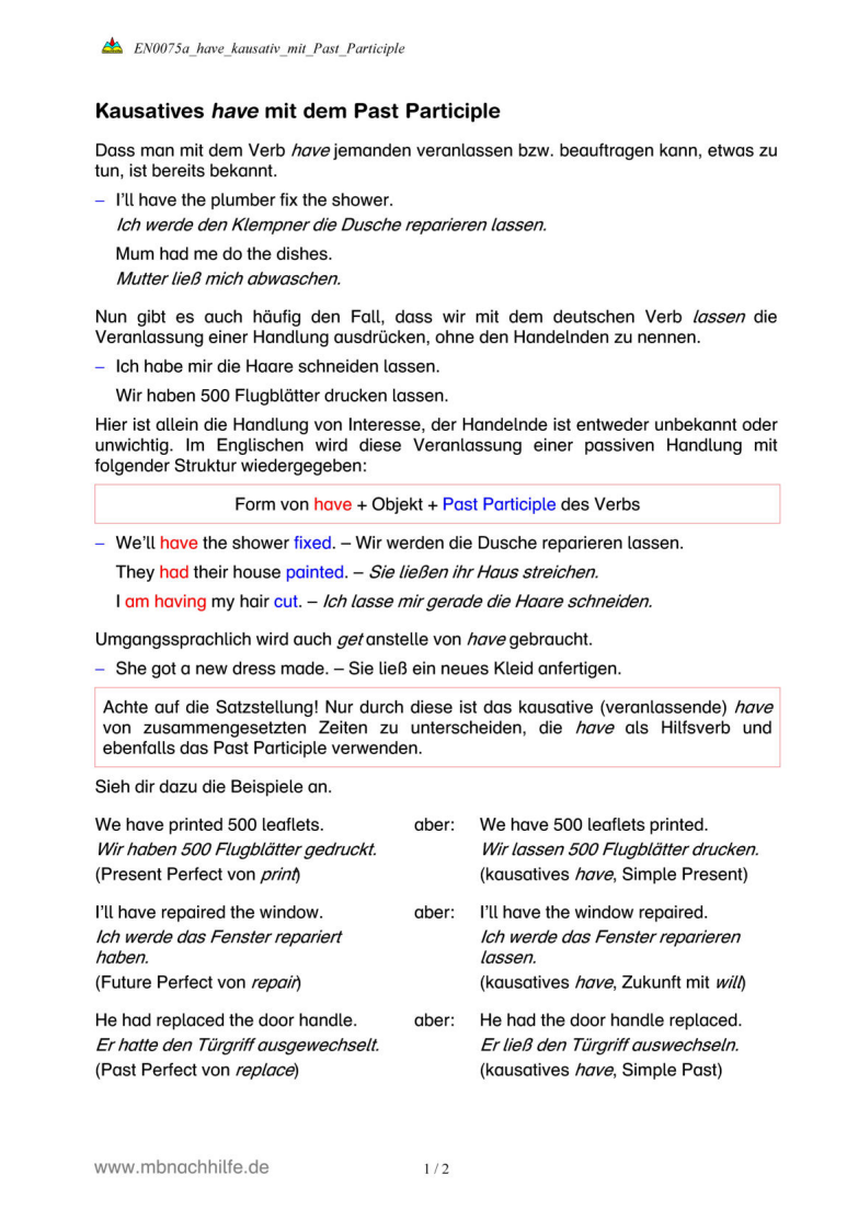 Englisch Arbeitsblatt: Kausatives have mit Past Participle – etwas machen lassen