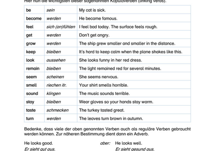 Englisch Arbeitsblatt: Kopulaverben mit Adjektiven – feel, look, seem & Co.