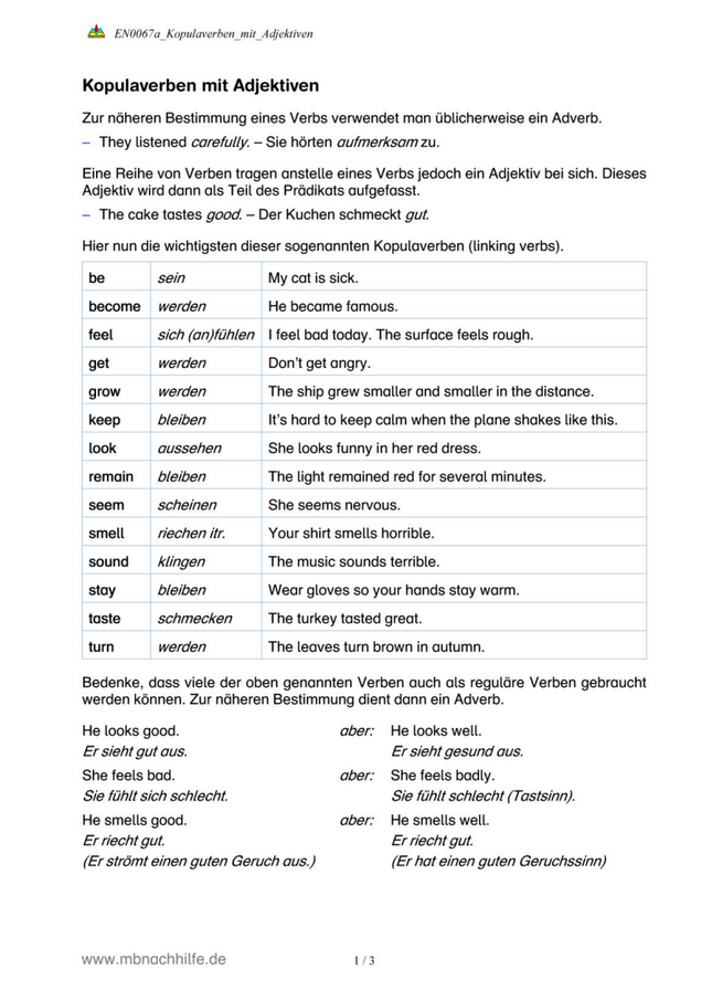 Englisch Arbeitsblatt: Kopulaverben mit Adjektiven – feel, look, seem & Co.