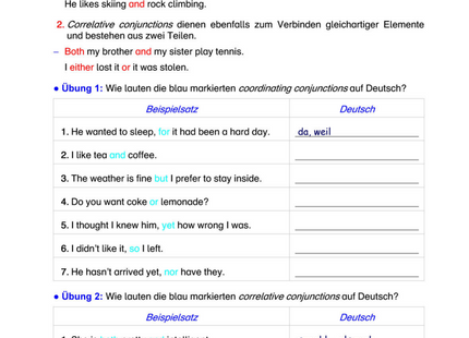 Englisch Arbeitsblatt: Nebenordnende Konjunktionen – and, but, either...or & Co.