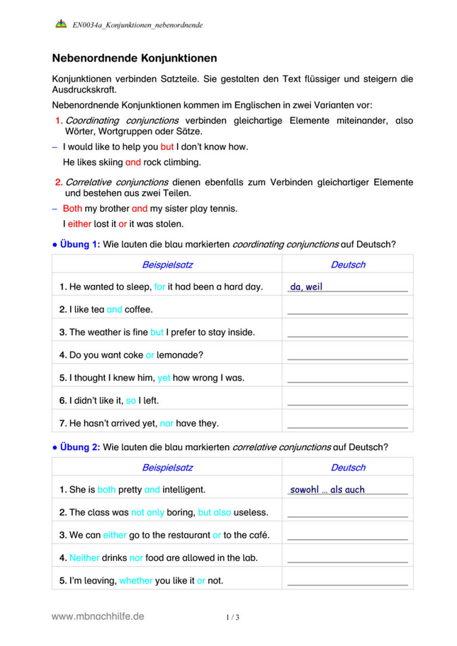 Englisch Arbeitsblatt: Nebenordnende Konjunktionen – and, but, either...or & Co.