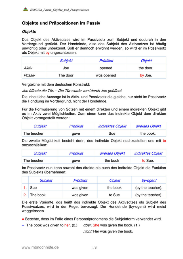 Englisch Arbeitsblatt: Passiv mit Objekten & Präpositionen – Bildung & Übungen