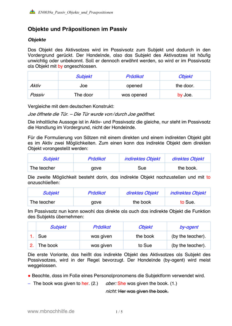 Englisch Arbeitsblatt: Passiv mit Objekten & Präpositionen – Bildung & Übungen