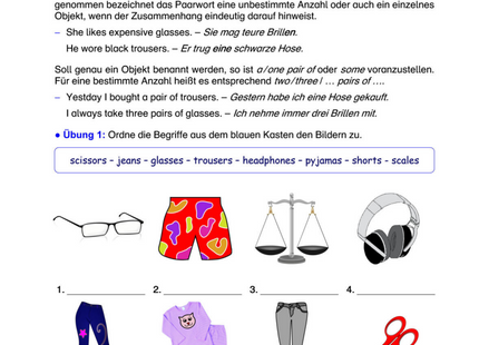 Englisch Arbeitsblatt: Paarwörter – glasses, trousers, scissors & Co.