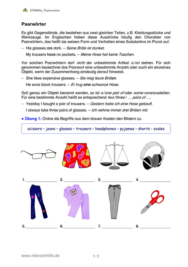 Englisch Arbeitsblatt: Paarwörter – glasses, trousers, scissors & Co.