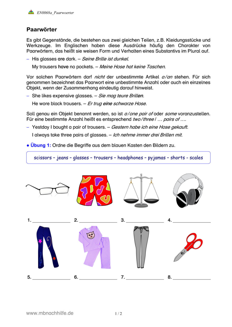 Englisch Arbeitsblatt: Paarwörter – glasses, trousers, scissors & Co.