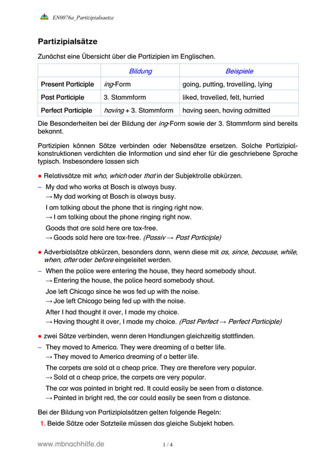 Englisch Arbeitsblatt: Partizipialsätze – Present, Past & Perfect Participle