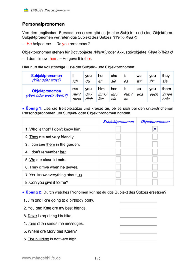 Englisch Arbeitsblatt: Personalpronomen – Subjekt & Objekt sicher anwenden