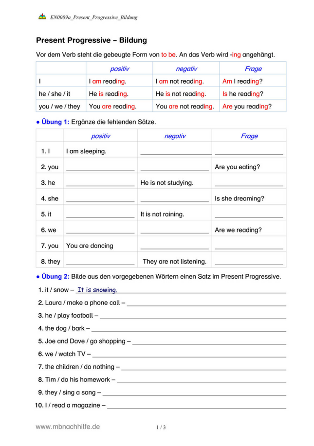 Englisch Arbeitsblatt: Present Progressive – Bildung, Verneinung, Fragen & Übungen
