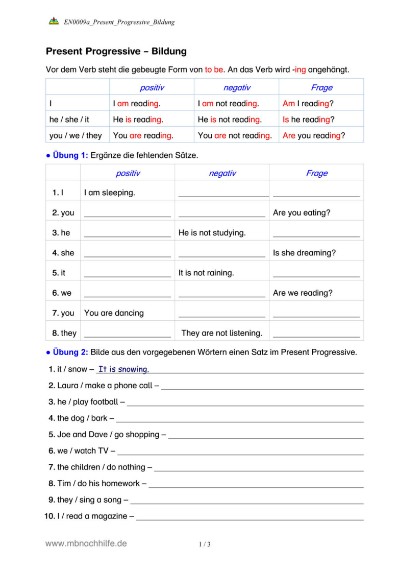 Englisch Arbeitsblatt: Present Progressive – Bildung, Verneinung, Fragen & Übungen