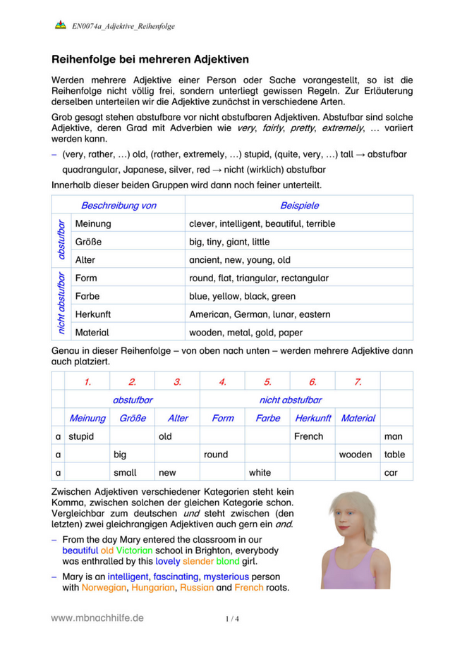 Englisch Arbeitsblatt: Reihenfolge von Adjektiven – Meinung, Größe, Farbe & Co.
