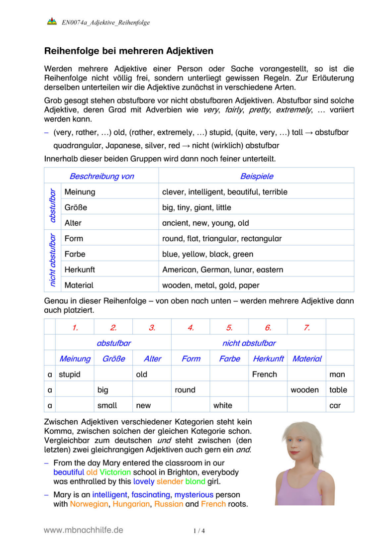 Englisch Arbeitsblatt: Reihenfolge von Adjektiven – Meinung, Größe, Farbe & Co.