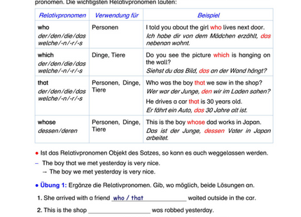 Englisch Arbeitsblatt: Relativsätze – who, which, whose, that richtig anwenden
