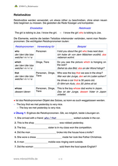 Englisch Arbeitsblatt: Relativsätze – who, which, whose, that richtig anwenden