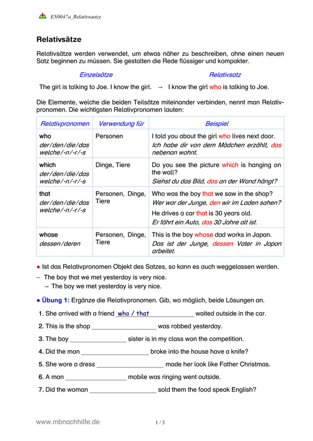 Englisch Arbeitsblatt: Relativsätze – who, which, whose, that richtig anwenden