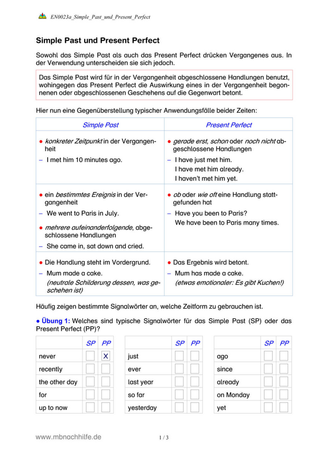 Englisch Arbeitsblatt: Simple Past vs. Present Perfect – Unterschiede & Übungen