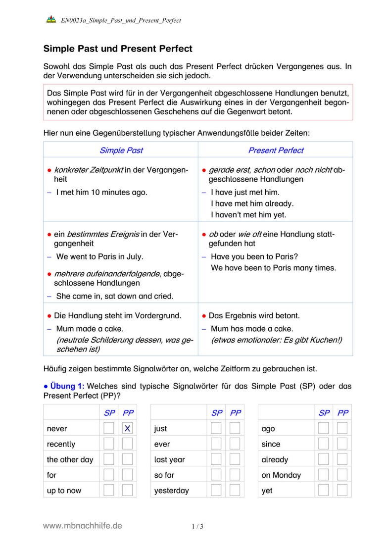 Englisch Arbeitsblatt: Simple Past vs. Present Perfect – Unterschiede & Übungen