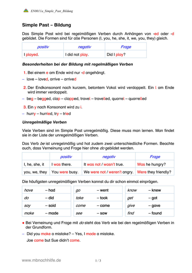 Englisch Arbeitsblatt: Simple Past – Bildung, Verneinung & Fragen
