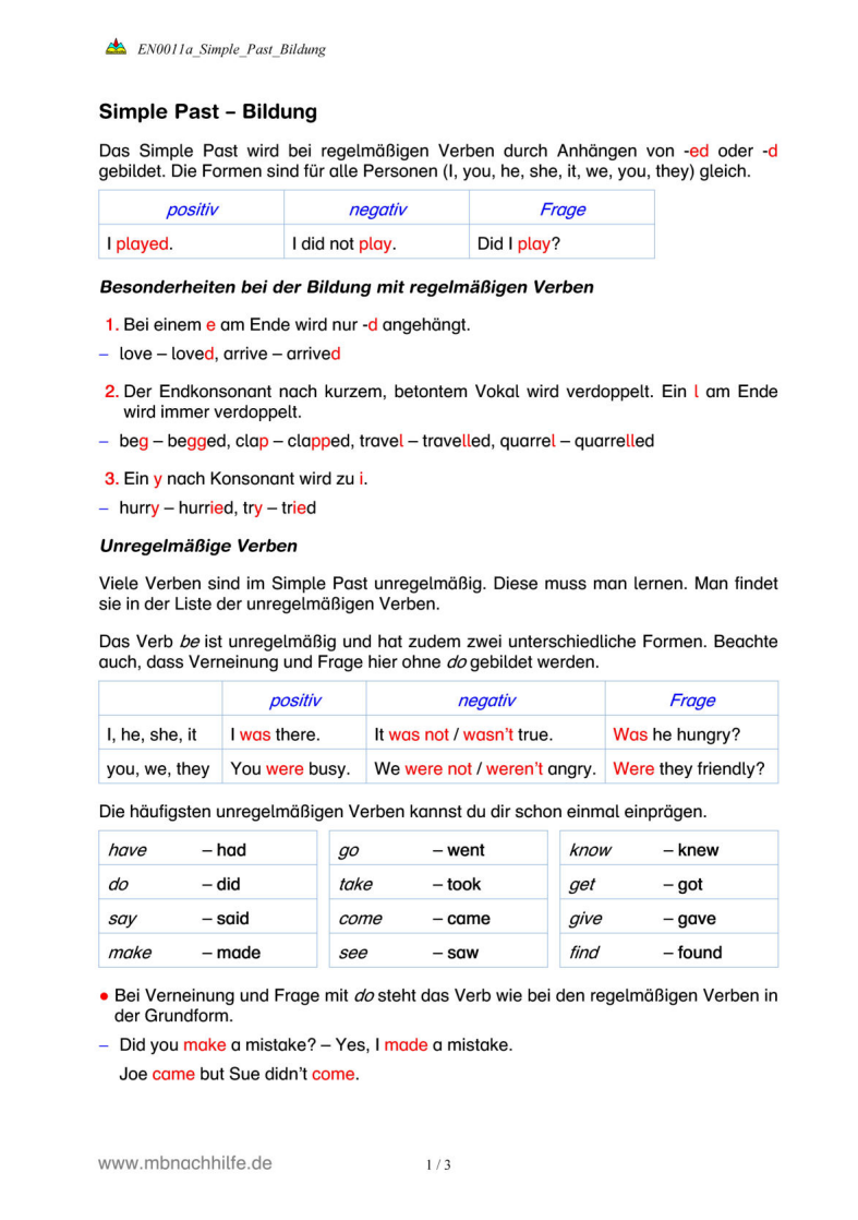 Englisch Arbeitsblatt: Simple Past – Bildung, Verneinung & Fragen