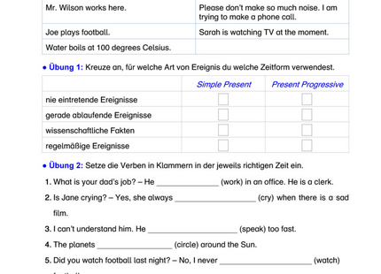 Englisch Arbeitsblatt: Simple Present vs. Present Progressive – Anwendung & Unterschiede