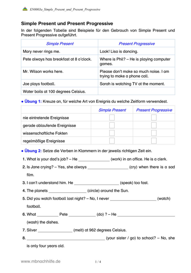 Englisch Arbeitsblatt: Simple Present vs. Present Progressive – Anwendung & Unterschiede