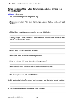 Englisch Arbeitsblatt: Zeiten im Alltag – Übersetzungsübungen zu allen Zeitformen