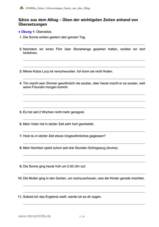 Englisch Arbeitsblatt: Zeiten im Alltag – Übersetzungsübungen zu allen Zeitformen
